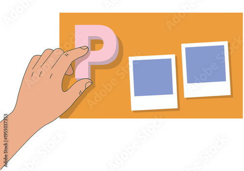 A hand interacts with a project board, showcasing design elements and photos. Modern, illustrative style. Great for business and creative concepts.