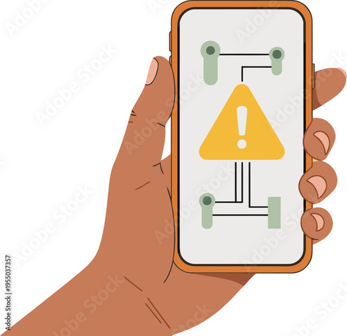 A hand holds a smartphone displaying an outage alert with a black exclamation mark on a map. Modern illustration style, digital notification. Focus on communication disruption.