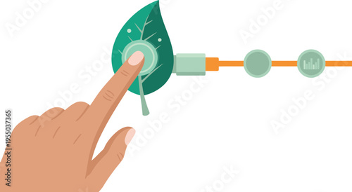 A hand interacts with a thermal sensor leaf cable, showcasing innovative technology and nature integration. Clean, modern design with a focus on sustainability.