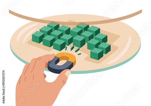 A hand interacts with magnetic filings arranged on a plate, demonstrating a magnetic field.  Illustrative physics concept, clean design, vibrant colors.