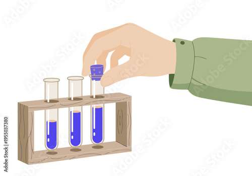 A hand places a test tube onto a laboratory test tube rack. The tubes contain orange liquid. Clean, professional laboratory setting.