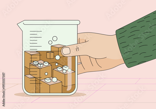A hand measures liquid in a beaker filled with colorful cubes.  Clear, scientific illustration.  Ideal for chemistry, data, or science concepts.