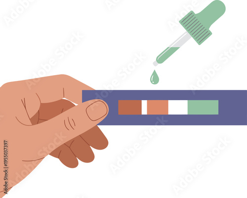 A hand uses a pH test strip to analyze a liquid sample. The test strip displays color changes, indicating acidity. Clean, modern illustration for science, chemistry, or health concepts.