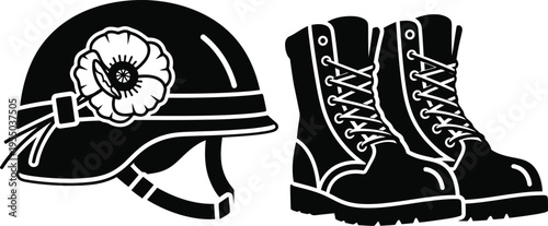 Memorial day tribute honoring fallen heroes with symbolic helmet and boots