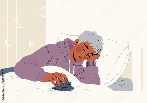 A young man relaxes with a Sleep Prep Haptic Pebble, enjoying a peaceful sleep. Soft colors and a cozy bedroom setting create a calming mood. Perfect for wellness and relaxation visuals.