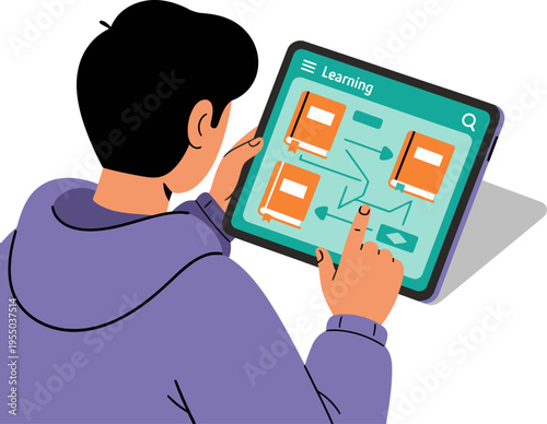 A young man tests a learning app on a tablet. He?s focused, interacting with the screen?s diagram. Modern, digital learning concept.