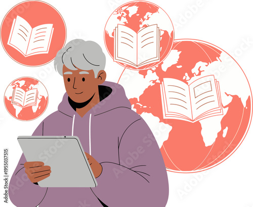 A young man uses a tablet, surrounded by book icons and a world map, symbolizing global education. Modern, approachable, and visually engaging.