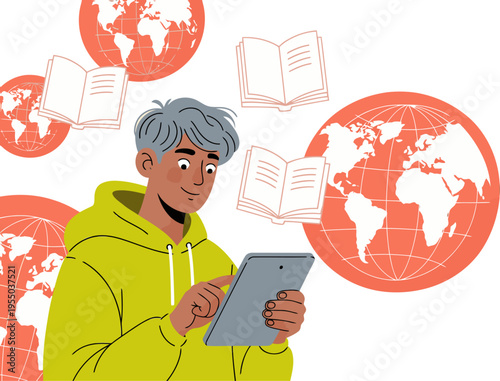 A young man studies global resources on a tablet, surrounded by open books and world maps. Modern, educational, and engaging visual for resource war education.