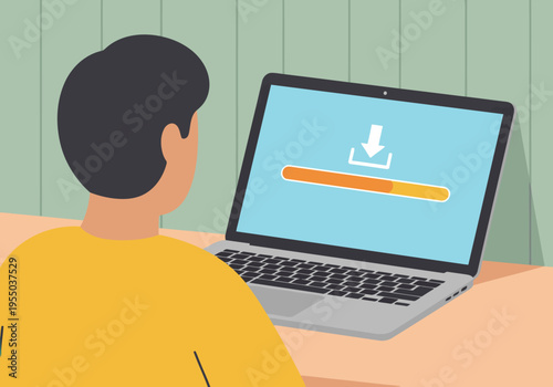 A young man watches a laptop download, representing remote work. Modern design, vibrant colors, and a focus on digital updates.  Ideal for tech and remote work themes.