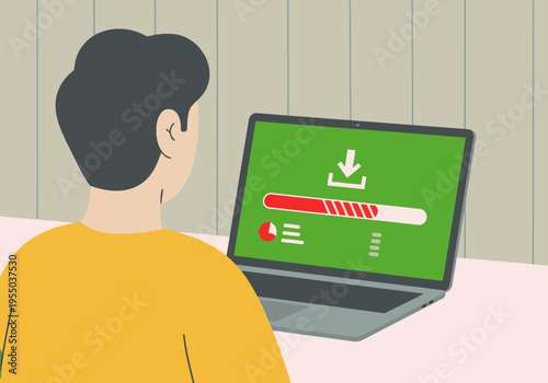 A young man watches a laptop download update. Modern workspace, focused on digital work. Clean, professional style.