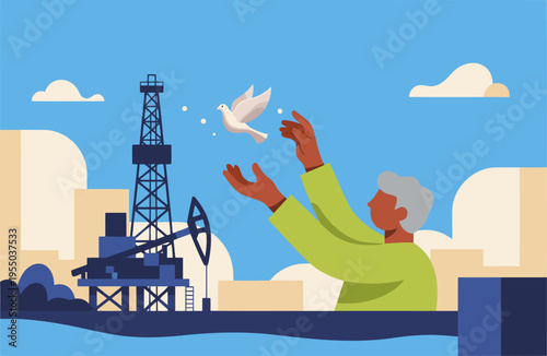 A mature man releases a dove near an oil rig, symbolizing peace amidst industrial activity. A vibrant, modern illustration.