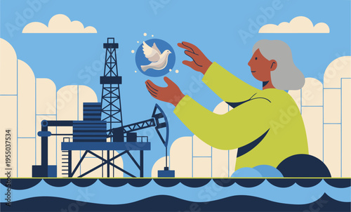 A mature woman gently cradles a dove near an oil rig, symbolizing peace amidst industrial landscapes. Modern illustration style.