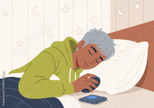 A mature man sleeps peacefully with a haptic pebble, surrounded by moon and star decals. Relaxing, calming, sleep preparation. Soft, pastel colors.