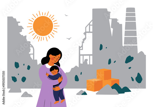 A mother cradles her child amidst industrial ruins, bathed in sunlight. A poignant scene of resilience and hope amidst devastation.  Emotional and visually striking.