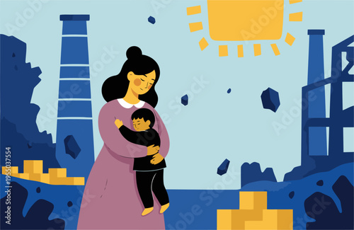 A mother cradles her child amidst industrial ruins, bathed in sunlight. A poignant scene of resilience and hope against a desolate backdrop.