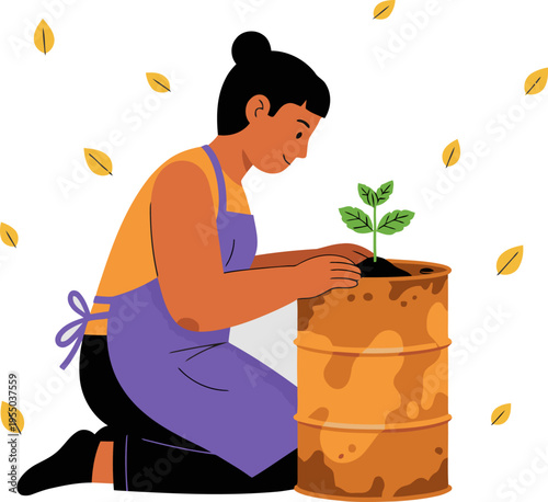 A woman nurtures a seedling in a repurposed oil drum, symbolizing growth and peace. Soft colors and a gentle expression create a hopeful, sustainable scene.