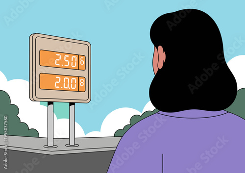 A woman observes a gas price sign, highlighting rising costs. Clean, urban illustration with a modern aesthetic. Focus on the price display.