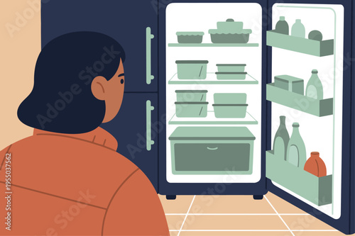 A woman peers into an open refrigerator, showcasing food items. The image highlights fridge power loss and food waste. Clean, modern illustration.