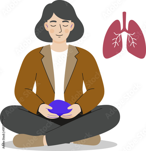 A woman practices a breathing exercise with a haptic pebble, promoting relaxation and mindfulness. Clean, modern illustration style. Focus on calm and well-being.
