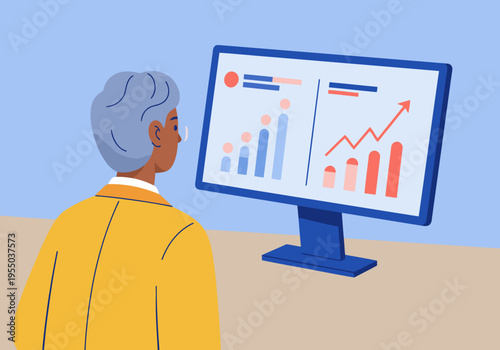 A professional man analyzes performance metrics on a large screen. Modern data visualization, bright colors, and a focused expression. Suitable for business and technology themes.