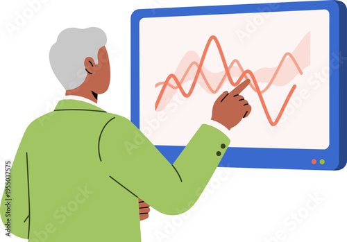 A professional man analyzes an oil barrel market trend graph on a large screen. He gestures with his finger, conveying data insights. Modern, business-oriented illustration.