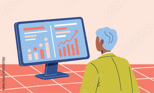 A professional man analyzes performance metrics on a large screen. Modern, bright, and focused, ideal for business and technology visuals.