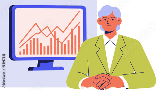 A professional man observes a market trend graph on a computer screen. He appears thoughtful, wearing a suit. Modern office setting.