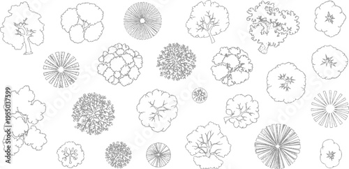 Collection of view tree in various styles and sizes outline grey
