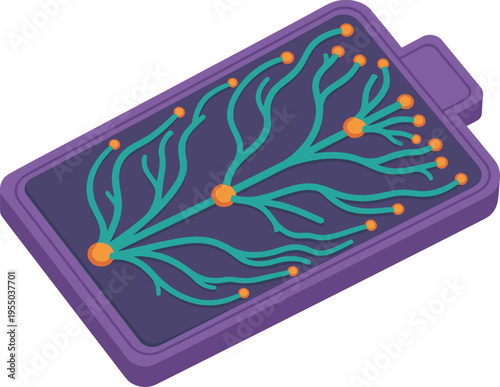 A stylized bio-inspired battery showcases cooling technology with a branching, vein-like design. Modern, vibrant, and visually appealing for tech and innovation concepts.