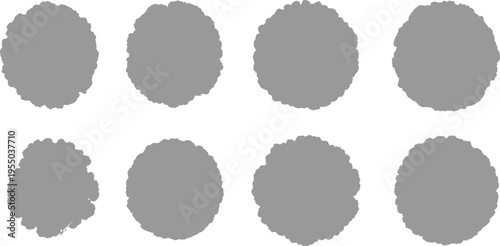 Eight grey amorphous circular shapes with jagged edges arranged in two rows on a white background