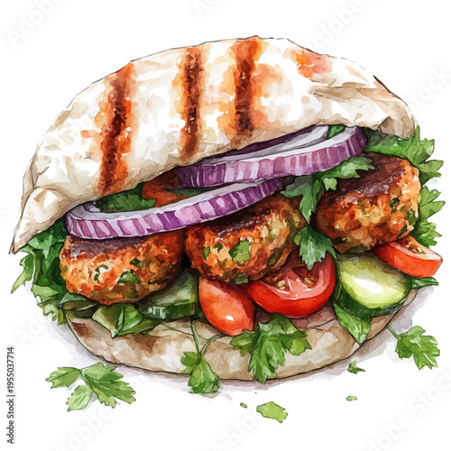 Falafel, illustration watercolor artwork with subtle gradients and elegant contours, isolated on a white background.