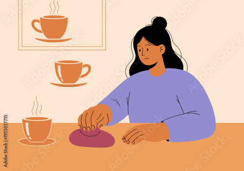 A woman takes a mindful break at her desk, using a textured stress ball. Warm tea cups provide a calming backdrop. Focus on wellness and relaxation.