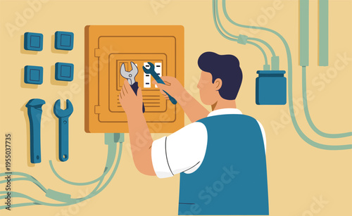 A technician repairs an electrical outage, showcasing tools and a control panel.  Clear, professional illustration for business or technical concepts.