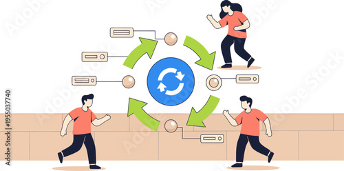 Two figures participate in a feedback loop illustration, showcasing iterative design and continuous improvement. A central circle drives a dynamic process with connected elements. Modern, flat design.
