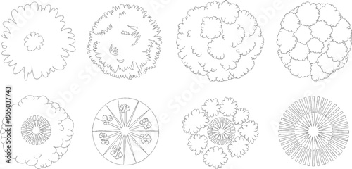 Eight distinct view line of stylized trees and floral