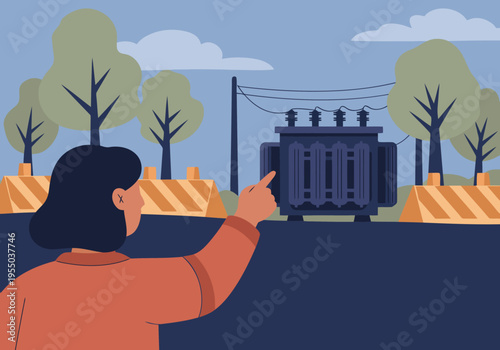 A technician examines a transformer failure line, highlighting a power line disruption. A clear, impactful illustration for energy and infrastructure themes.