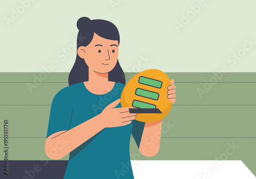 A yoga instructor holds a haptic tool, demonstrating a tactile learning experience. Clean, modern illustration style. Focus on education and wellness.
