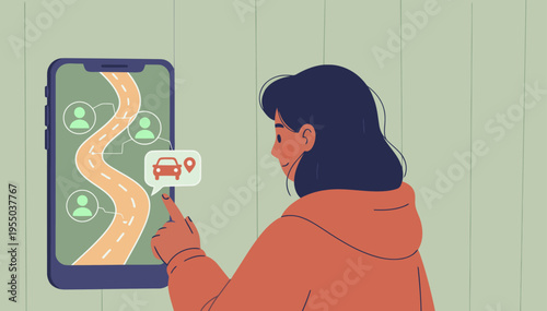 A young woman uses a smartphone to share a carpool route, highlighting cost-sharing. Modern, vibrant illustration with a focus on connectivity and student life.