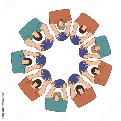 A wellness group practices haptic meditation, holding blue spheres in a circle. A calming, supportive atmosphere is depicted with diverse participants. Suitable for health and wellness marketing.