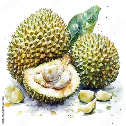 watercolor of Durian illustration, isolated on a white background.
