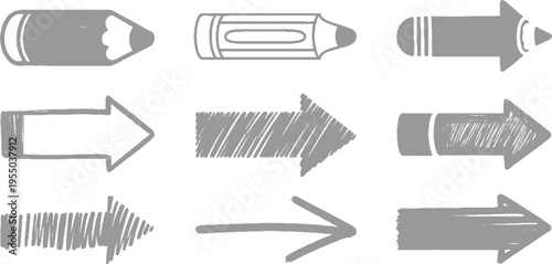 Collection of nine hand drawn grey pencil and crayon arrow shapes and writing tools arrows marker