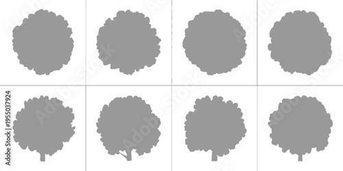 Eight grey silhouette tree shapes with textured foliage and visible trunks in a grid layout