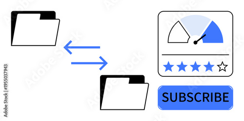 Data transfer concept. Data folders connected with arrows showing file sharing. Data with subscription services and user rating systems . Great for cloud storage, SaaS, business tools, digital