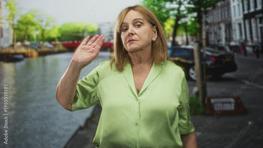 Fototapeta premium Middle aged woman raises her hand in a wave, green blouse visible while standing on a street canal path by a bridge; defiance solitude independence.
