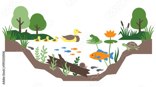 Flat style pond scene showing underwater and surface animal wildlife