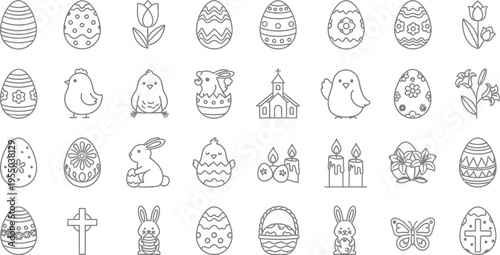 Various flat, stylized icons related to the Christian observance of Easter, such as decorated eggs, small birds, and religious architecture.