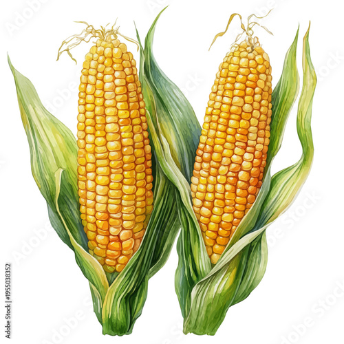 Corn, illustration watercolor with dynamic strokes and balanced color harmony, isolated on a white background.
