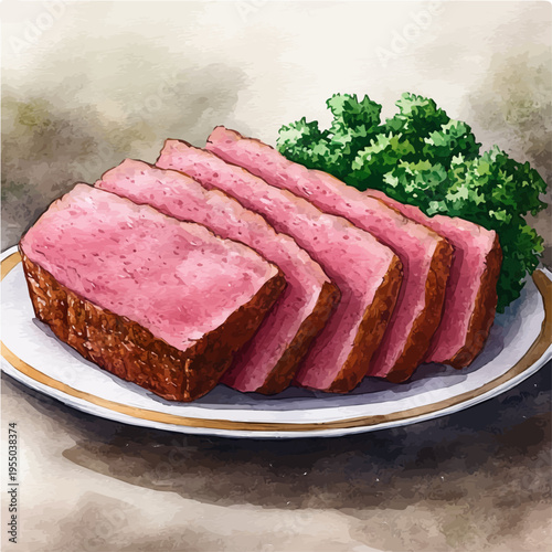 Corned Beef, illustration watercolor artwork with subtle gradients and elegant contours, isolated on a white background.
