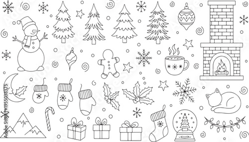 Large collection of cute winter holiday elements featuring snowman gingerbread man fireplace and christmas trees hand-drawn vector illustration doodle art