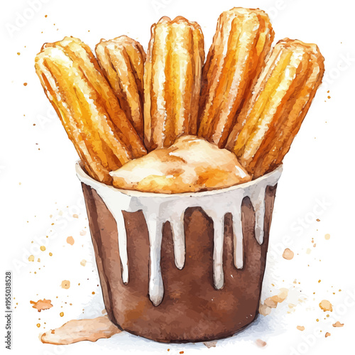 Churros, illustration watercolor with dynamic strokes and balanced color harmony, isolated on a white background.